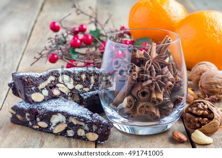 Panforte traditional italian christmas dessert with nuts and candied fruits, horizontal