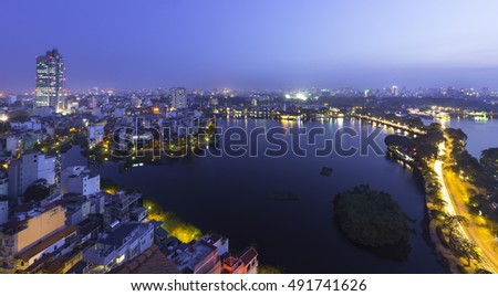Hanoi skyline cityscape at twilight period near Thanh Nien street Vietnam