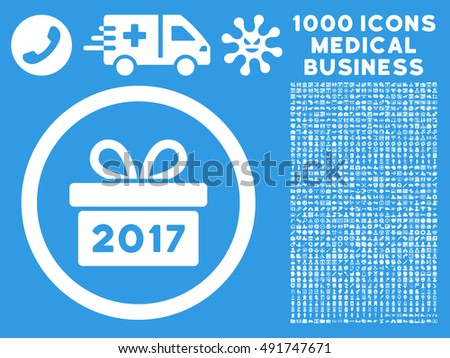 White Gift 2017 Year vector rounded icon. Image style is a flat icon symbol inside a circle, blue background. Bonus clip art includes 1000 healthcare business pictographs.