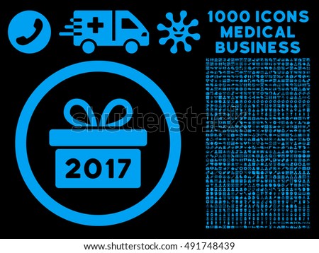 Blue Gift 2017 Year vector rounded icon. Image style is a flat icon symbol inside a circle, black background. Bonus clip art includes 1000 health care business pictographs.