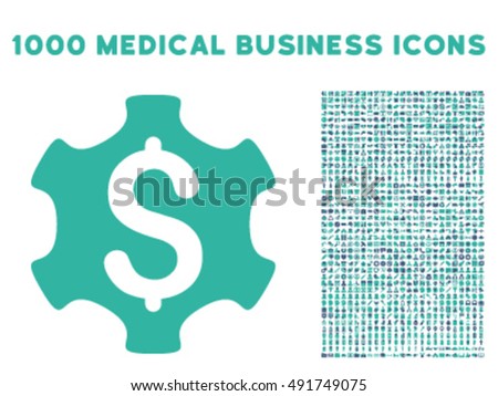 Financial Settings icon with 1000 medical commercial cobalt and cyan vector pictographs. Collection style is flat bicolor symbols, white background.