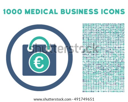Euro Shopping Bag icon with 1000 medical commercial cobalt and cyan vector design elements. Design style is flat bicolor symbols, white background.