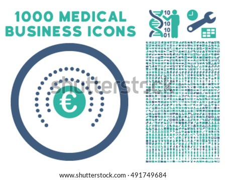 Euro Financial Sphere Shield icon with 1000 medical commercial cobalt and cyan vector pictograms. Clipart style is flat bicolor symbols, white background.