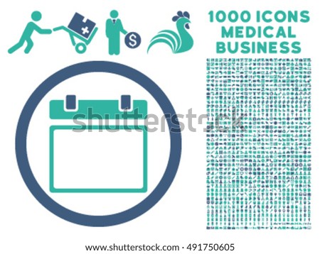 Empty Calendar Day icon with 1000 medical commerce cobalt and cyan vector pictograms. Collection style is flat bicolor symbols, white background.