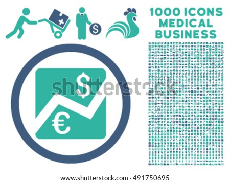 Euro Dollar Chart icon with 1000 medical business cobalt and cyan vector pictograms. Set style is flat bicolor symbols, white background.