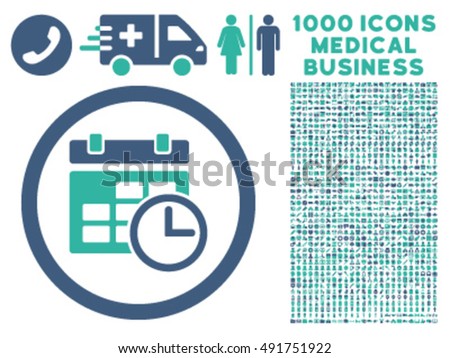 Date and Time icon with 1000 medical business cobalt and cyan vector pictographs. Design style is flat bicolor symbols, white background.