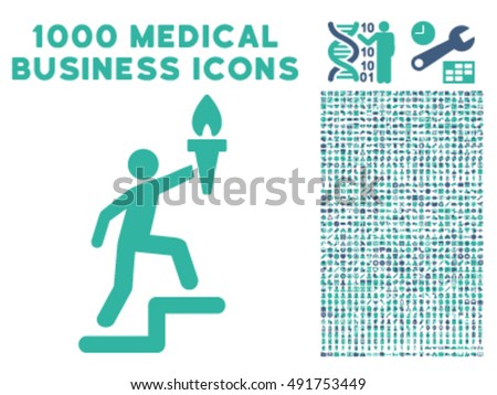 Climbing Leader With Torch icon with 1000 medical commercial cobalt and cyan vector pictographs. Collection style is flat bicolor symbols, white background.