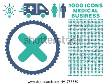 Cancel icon with 1000 medical business cobalt and cyan vector pictographs. Clipart style is flat bicolor symbols, white background.
