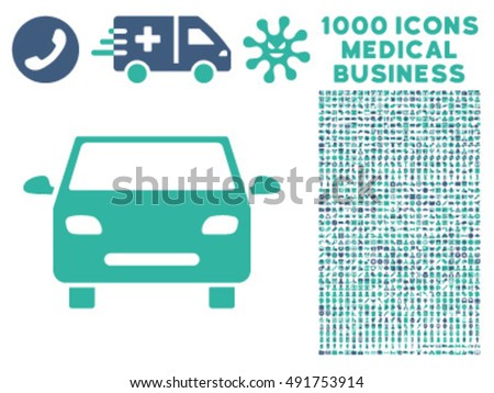 Car icon with 1000 medical commercial cobalt and cyan vector design elements. Set style is flat bicolor symbols, white background.