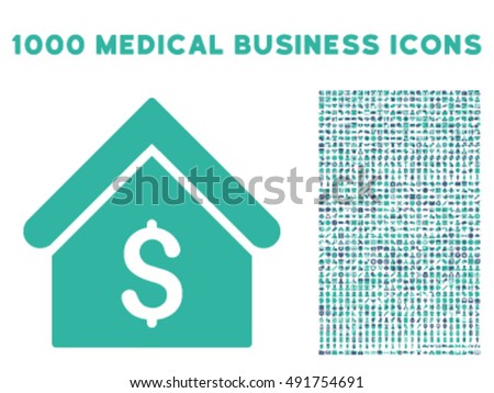 Bank Office icon with 1000 medical commerce cobalt and cyan vector pictographs. Design style is flat bicolor symbols, white background.
