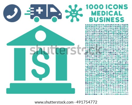 Bank Office icon with 1000 medical business cobalt and cyan vector design elements. Set style is flat bicolor symbols, white background.