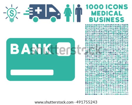 Bank Card icon with 1000 medical business cobalt and cyan vector design elements. Clipart style is flat bicolor symbols, white background.