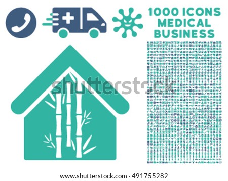 Bamboo House icon with 1000 medical commercial cobalt and cyan vector design elements. Collection style is flat bicolor symbols, white background.