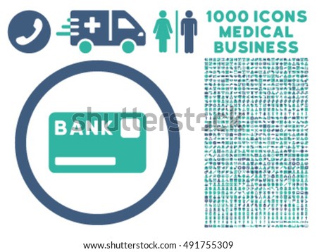 Bank Card icon with 1000 medical business cobalt and cyan vector design elements. Design style is flat bicolor symbols, white background.