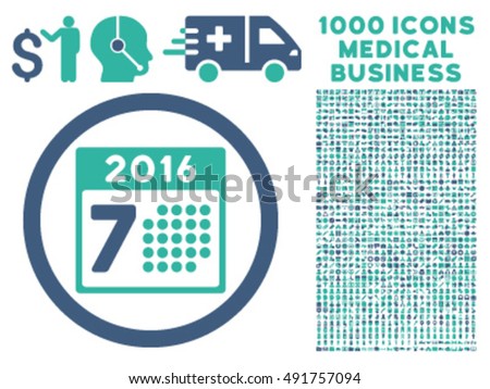 2016 Week Calendar icon with 1000 medical business cobalt and cyan vector pictograms. Collection style is flat bicolor symbols, white background.