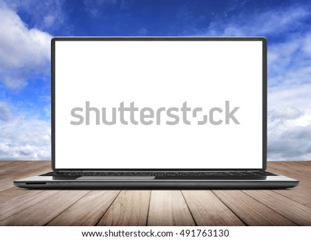 Wood platform and a laptop with a pure white screen.