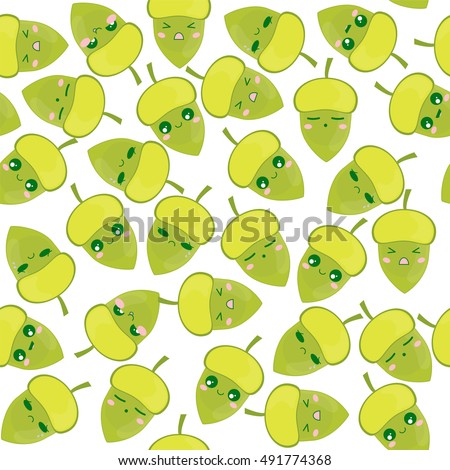 Vector seamless pattern. Cute, Kawaii colored acorns with lovely smile face. Flat cartoon character design, abstract background. Childish texture, textile, print