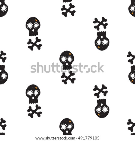 Halloween seamless pattern with black mexican skull with crossbones. Beautiful vector background for decoration halloween designs. Cute minimalistic art elements on white backdrop.