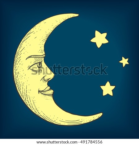 Moon with face engraving colorful raster illustration. Scratch board style imitation. Hand drawn image.