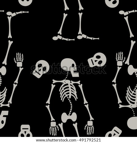 Black and white seamless pattern with skeletons. Raster clip art.
