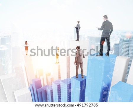 Businesspeople standing on white and blue bar chart with city panorama at background. Concept of broker company and trading. 