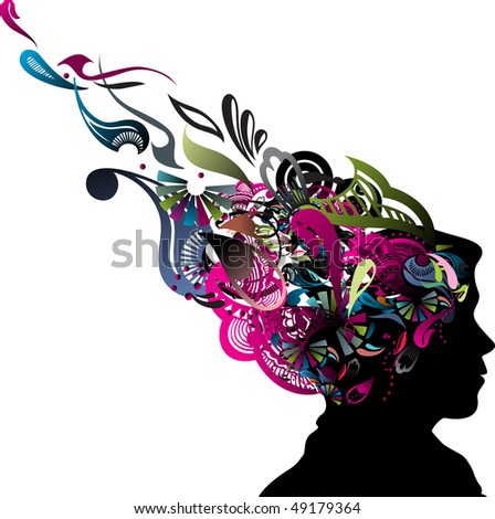 illustration of human head silhouette with swirl floral design, vector illustration