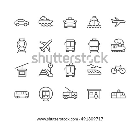 Simple Set of Public Transport Related Vector Line Icons. 
Contains such Icons as Taxi, Train, Tram and more.
Editable Stroke. 48x48 Pixel Perfect. Royalty-Free Stock Photo #491809717