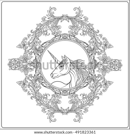 Unicorn in vintage decorative floral mandala frame. Vector illustration. Coloring for adult and older children. Outline drawing page.