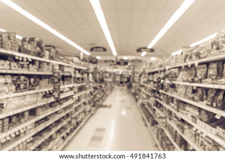 Blurred image of supermarket aisle and shelves. Wide perspective view of empty supermarket aisle, defocused blurry background with bokeh light in store. Business concept.