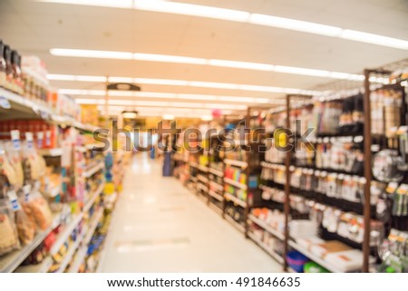 Blurred image of supermarket aisle and shelves. Wide perspective view of empty supermarket aisle, defocused blurry background with bokeh light in store. Business concept.