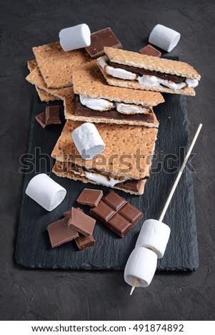 Fresh homemade smores with marshmallows, chocolate and graham crackers. The popular American cuisine dessert.