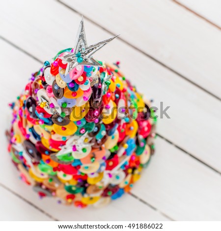 Colorful Handmade Button and Pin Christmas Tree, square