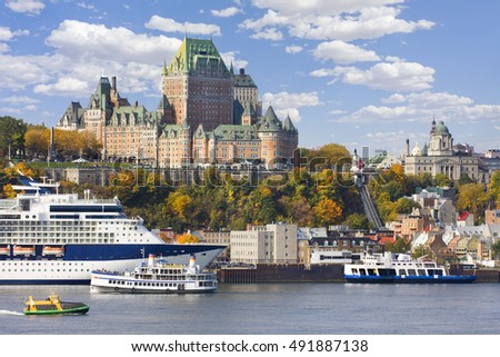 Quebec City skyline and St Lawrence River in autumn, Canada Royalty-Free Stock Photo #491887138