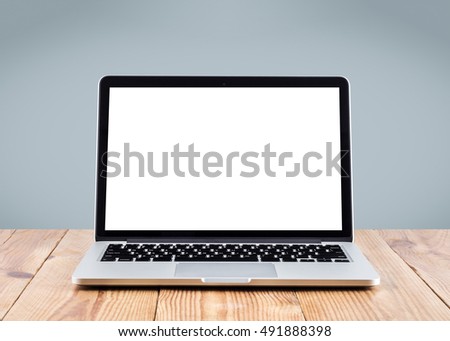 Front view of the laptop is on the work table, colorful background, clipping path inside