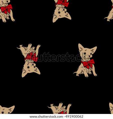 Cute dog puppy with bow seamless pattern.