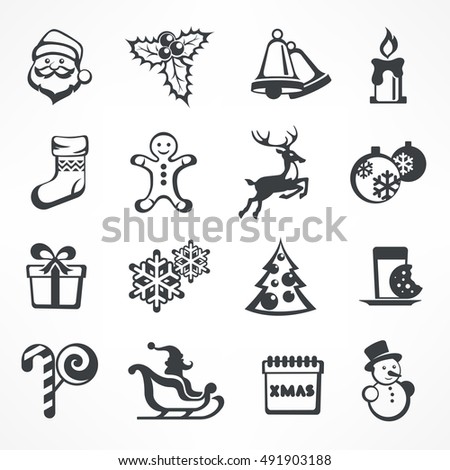 Christmas icon set in grey color on white. New Year design elements. Winter holiday concept. Vector illustration