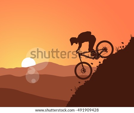 Mountain Bike Rider. Vector Illustration. Landscape Background.
