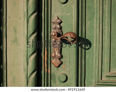 Green wooden door and handle in Jena, Germany