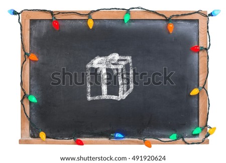 A gift hand drawn in white chalk on a black chalkboard surrounded by colored lights isolated on white