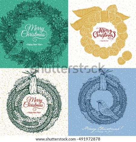 four cards Christmas with greeting wreaths calligraphy. Hand drawn design elements. Vector illustration