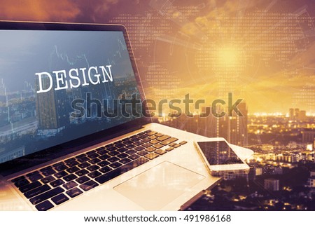 DESIGN : Grey screen laptop computer. Vintage effects. Digital Business and Technology Concept.