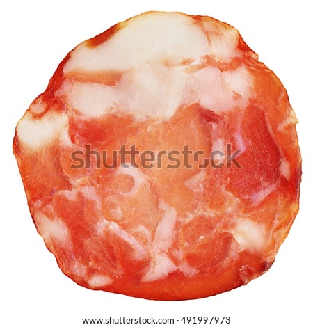 Single gourmet savory smoked Pork Salami slice isolated on white background