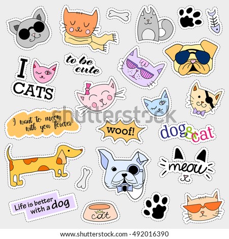 Fashion patch badges. Cat and dog set. Set of stickers, pins, patches and handwritten notes collection in cartoon 80s-90s comic style. Trend.  illustration isolated.  clip art.