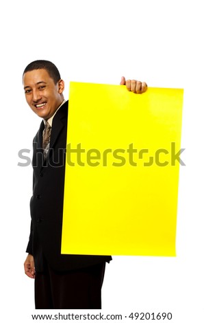 Business Man Hold A Yellow blank sign isolated on white background. You can put your message on the sign