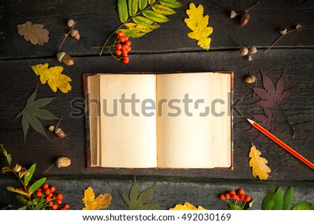 Autumn still life. Open vintage notebook with pencil autumn leaves, acorn and rowan over rustic background. Thanksgiving Day.