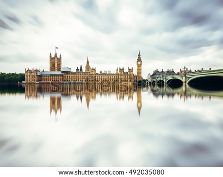 Big Ben in London U.K. with reflection in river Thames,
