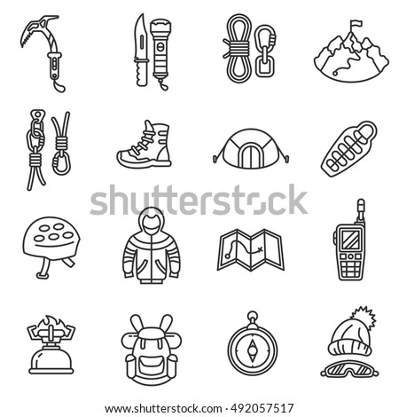 mountaineering icons set, line style.Mountaineering equipment.  climbing linear symbols collection. necessary things to lift up the mountain. isolated vector illustration