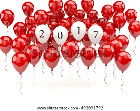 Red balloons with 2017 New Year sign. 3D illustration