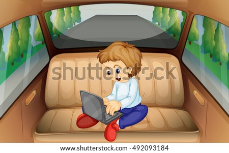 Little boy using computer in the car illustration