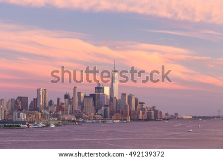 Downtown Manhattan skyline at sunset New York City